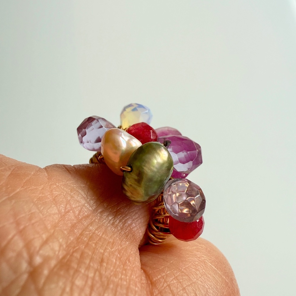 Ring with Semi Precious Stones & Pearls Gold Wire